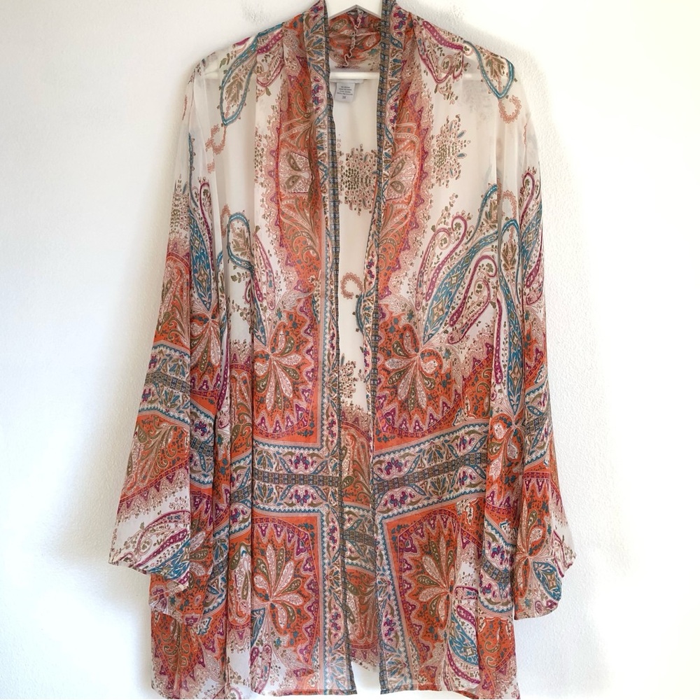 Soft Surroundings White / Colorful Floral Paisley Chiffon Kimono Top Size 3X - Picture 2 of 14